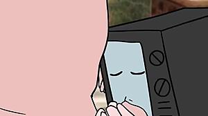 tv woman blows the cameraman while he eats her pussy in this hentai toilet scene