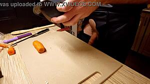 Sexy naked gay chef cooking rice noodle