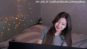 Asian slut watches hentai while getting slammed on webcam