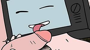 tv woman blows the cameraman while he eats her pussy in this hentai toilet scene