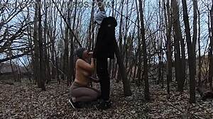 Blonde wife sucks her husband's cock topless in the park for homemade blowjob