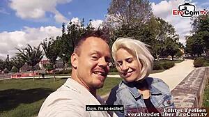 Skinny blonde with small tits wears nylons for date. She hooks up with German tourist for wild sex.