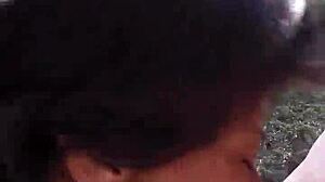 Petite latina sucks huge cock and swallows cum by the riverfront in high definition.