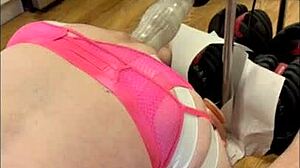 Barefoot sissy in kitchen takes dildos up ass