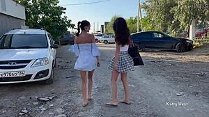 Two Teen Girls Flash Pussies in Public Without Panties