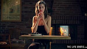 Hot sexy girl rubs cream on big tits and bush