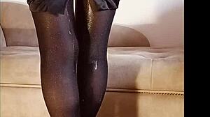 watch her pee in shiny pantyhose for free in wild solo action.