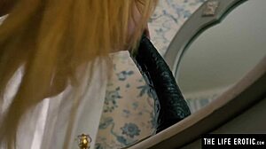 horny blonde in fishnets, wanna see her ride that huge black dildo doggy style?