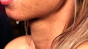 Foxy honey swallows jizz load after intense blowbang session