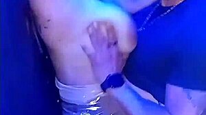 partying horny, hunk fucks me in men's bathroom, almost caught