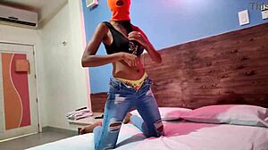 My brunette stepsister tells me she wants to celebrate halloween in a hotel bed she put on a mask and shakes her body and hips very sexy