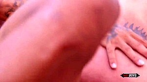 Why does this naughty kitten keep fucking the tattooed guy so intensely in amateur gay action?