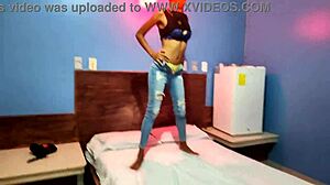 My brunette stepsister tells me she wants to celebrate halloween in a hotel bed she put on a mask and shakes her body and hips very sexy