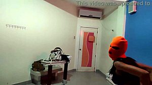 My brunette stepsister tells me she wants to celebrate halloween in a hotel bed she put on a mask and shakes her body and hips very sexy