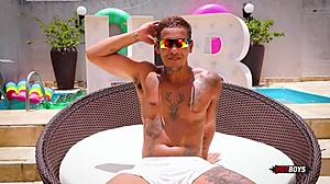 Why does this naughty kitten keep fucking the tattooed guy so intensely in amateur gay action?