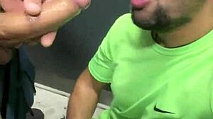 Bold Guy Sucks Huge Cock In Bathroom Risking Exposure