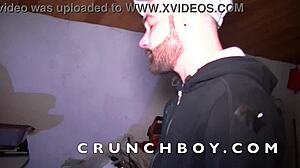 Gay guy gives blowjob to his straight friend in the garage