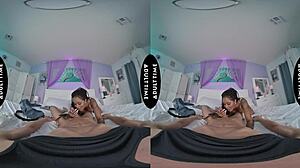 Up close vr cali sweets titty fucks david lee's big dick then rides it roughly