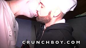 Gay guy gives blowjob to his straight friend in the garage