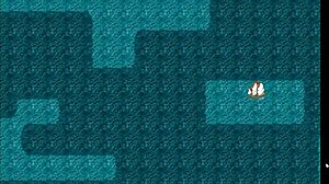 In the hentai game, tanned Natsuki flashes her huge tits to help the captain masturbate.