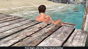 Cute girl masturbates on beach with fingers and banana in 3d