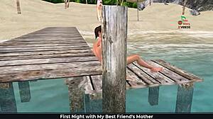 Cute girl masturbates on beach with fingers and banana in 3d