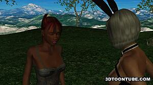 Do two bi 3d babes lick and share a cock?