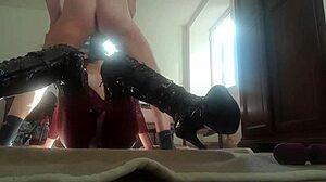 Milf in leather catsuit roughly fucked, cum on big tits