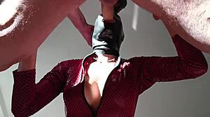 Milf in leather catsuit roughly fucked, cum on big tits