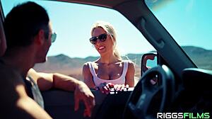 Fitness model with fake tits gets creampied by big cock in public orgasm