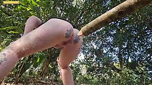 Man, I spread my tiny pussy wide in the forest to take that huge wood!