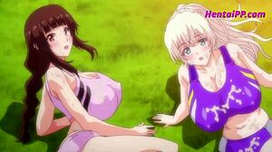 Two hot babes fucking on the sports field in hentai group threesome