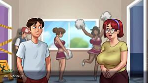 summertime saga unfolds with busty redhead judith flashing huge tits. this innocent college student teases in the bathroom hentai scene.