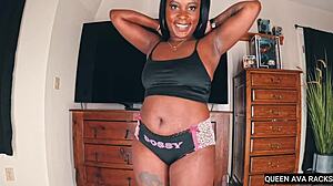 Thick ebony Queen Ava teases with big butt in lingerie for solo cock play.