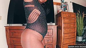 Thick ebony Queen Ava teases with big butt in lingerie for solo cock play.