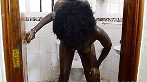 Maya takes on a huge monster cock in the bathroom with her ebony curves.