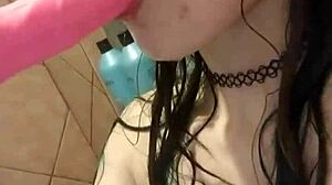 in my first shower video, this horny milf blonde sucks and uses dildo on her wet tits and big ass