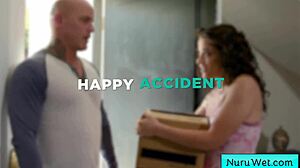 curly teen brunette masseuse grinds wet pussy on client during nuru