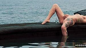 Man, free spirit Cat Asstrophe squirts hard by the shore!