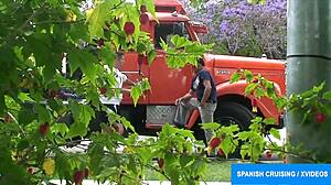 European bisexual trucker feels intense pleasure from blowjob on his big cock by another guy