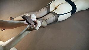 horny milf gets soles massage in nylon stockings with sexy feet tickling