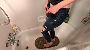 amateur pee desperation hits hard with golden shower on horny girlfriend slut in shower!