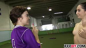 Lesbian Soccer Team Bangs Newbie With Hardcore Action
