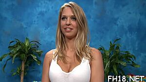 Massage cutie eighteen gets oiled for tight pussy doggystyle