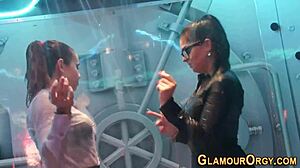 Glam sluts devour cocks in wild shower orgy under open sky