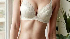 Hey, check out this cute model in white bra and panties showing off her sexy lingerie and barefoot feet!