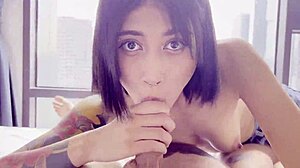 Blonde best friend sucks me off by the dorm window with cum in mouth