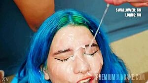 Young teen 18+ gets cum facial in group banging.