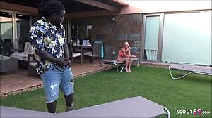 Milf Kacy feels intense pleasure sucking the black poolboy's huge cock by the pool in Germany