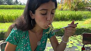 Cumwalk in PUBLIC Cafe EATING Pasta with Sperm on Face